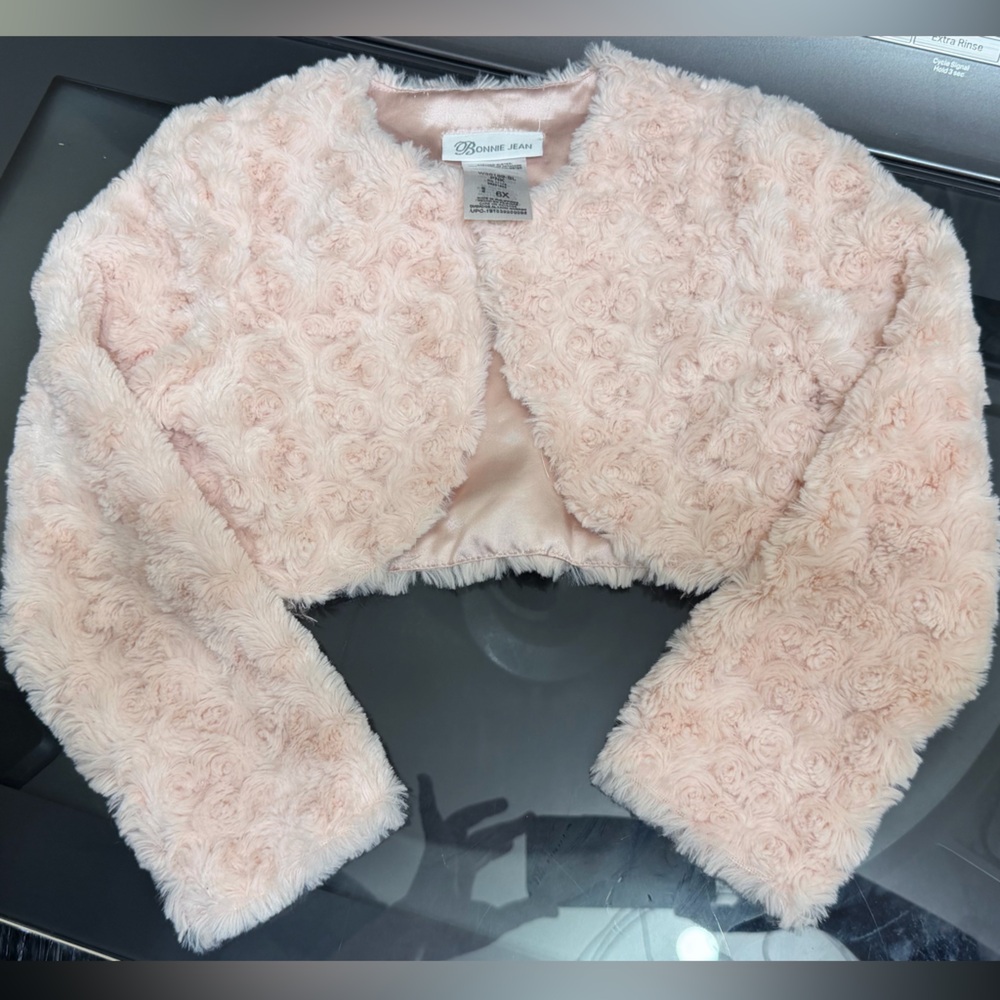 Girls Bonnie Jean Light Pink Faux-Fur Rosette Shrug Jacket